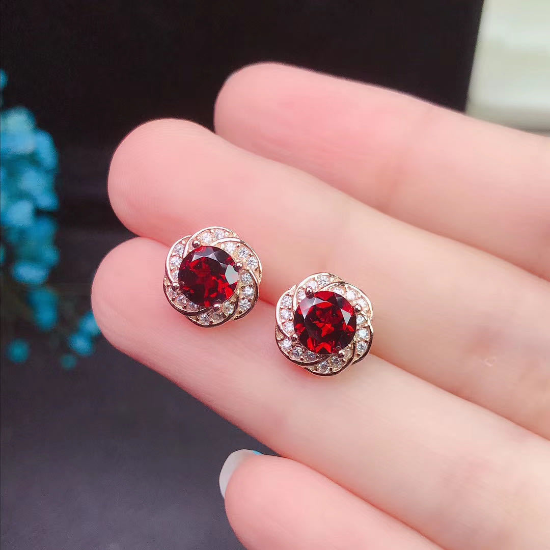 Garnet Stud Earrings 925 Silver Inlaid Colored Gems Jewelry