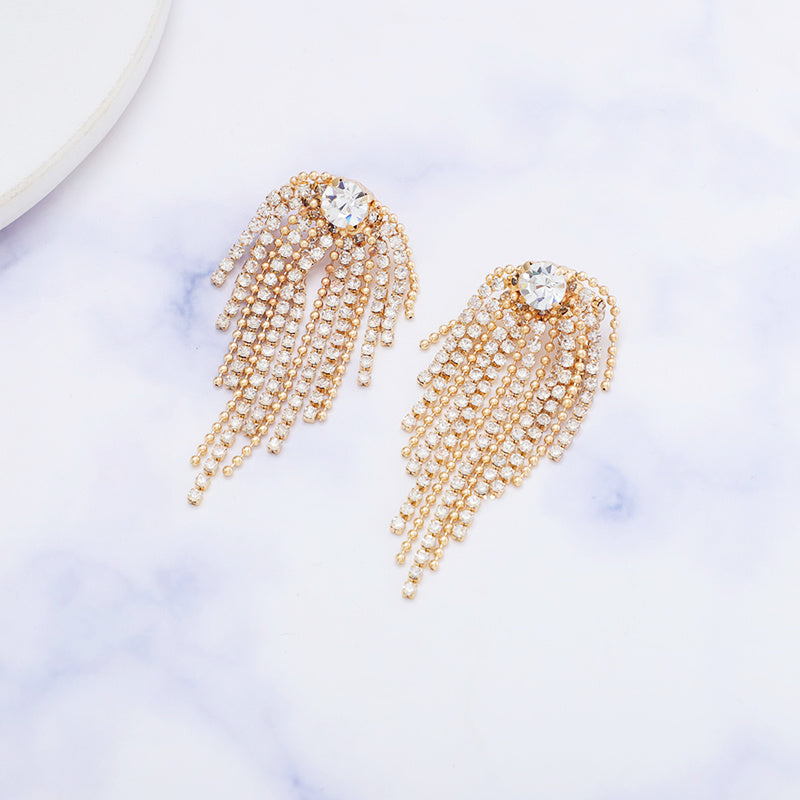 Simple Geometric Alloy Long Tassel Earrings Inlaid Rhinestone Metal Ball Bead Earrings Pendant Party Gift Fashion Jewelry Women