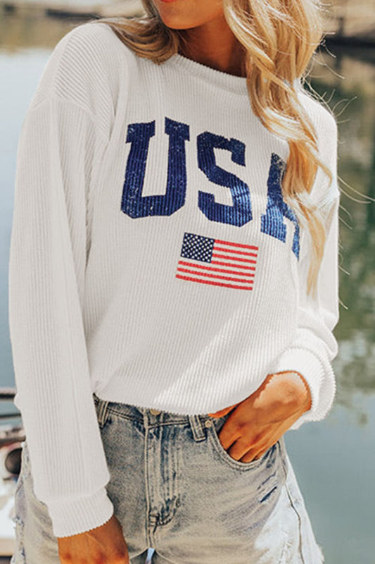 US Flag Corded Long Sleeve Sweatshirt