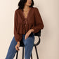 Peplum Tied V-Neck Long Sleeve Blouse