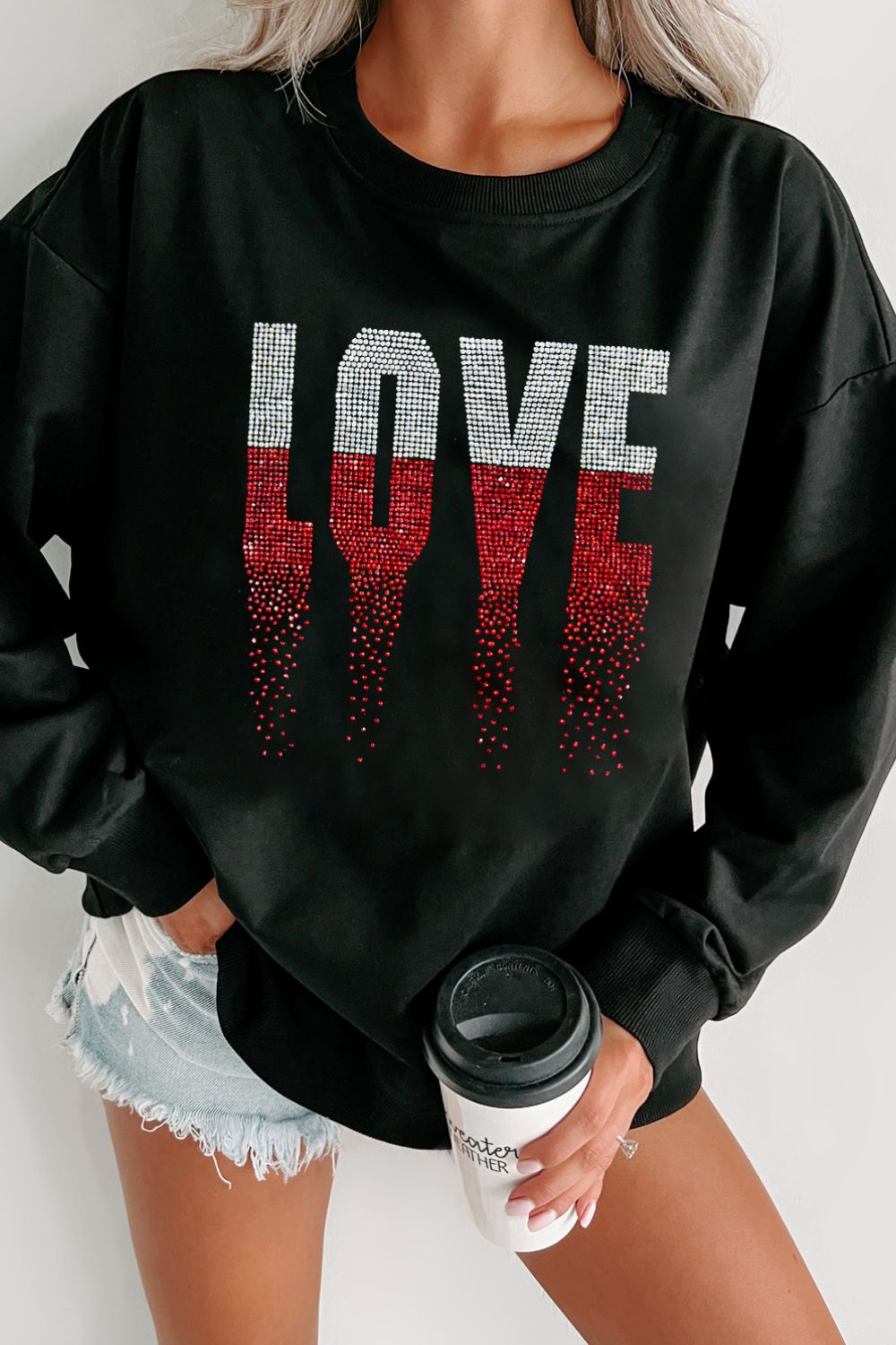 Rhinestone LOVE Round Neck Long Sleeve Sweatshirt