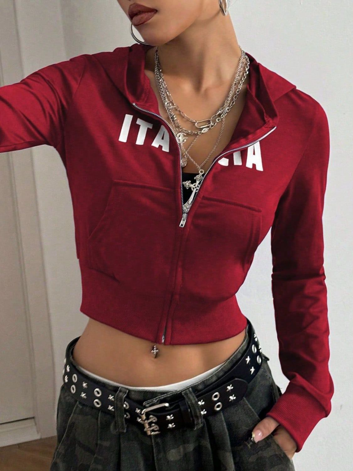 Letter Graphic Zip Up Long Sleeve Hoodie