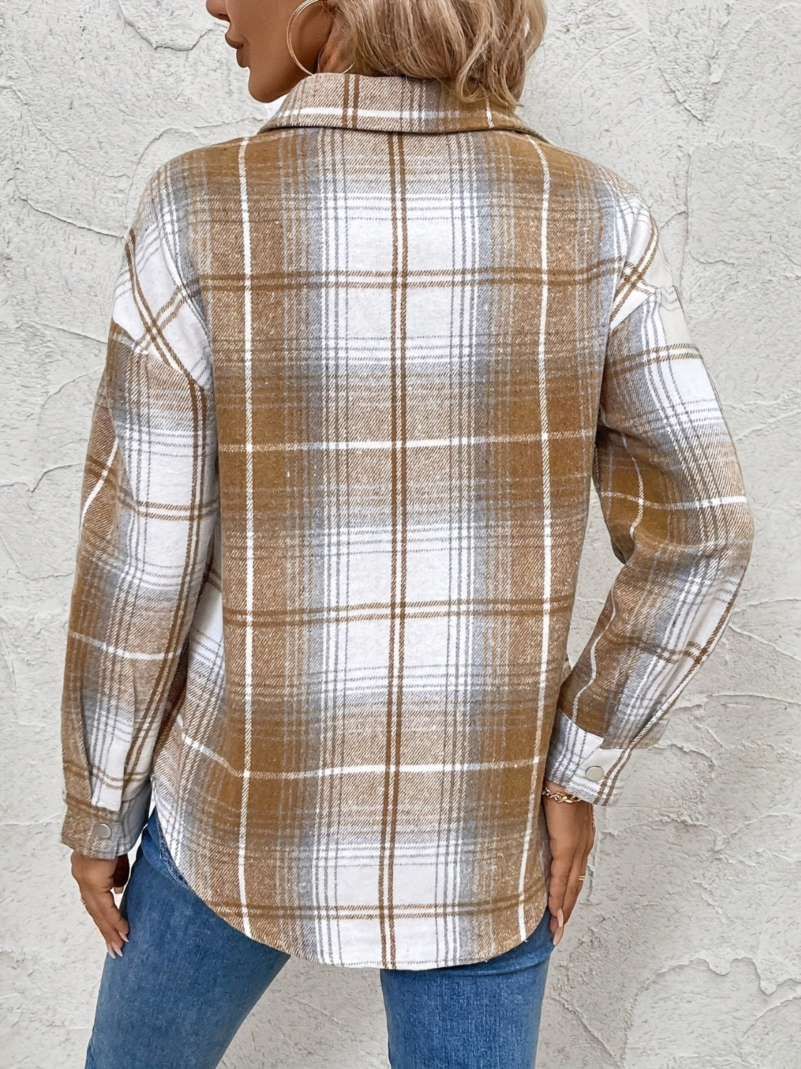 Plaid Collared Neck Half Zip Long Sleeve Top