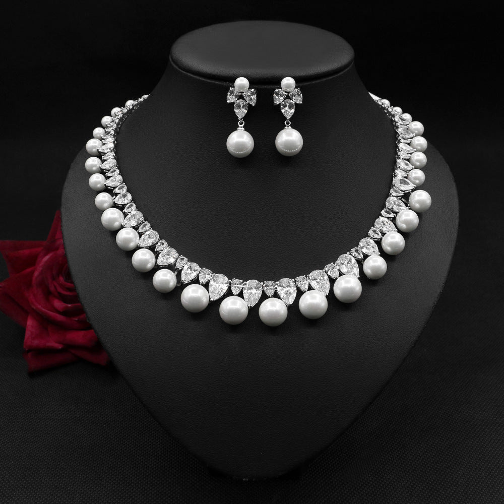 Pearl Zircon Earrings Necklace Set Dinner Jewelry