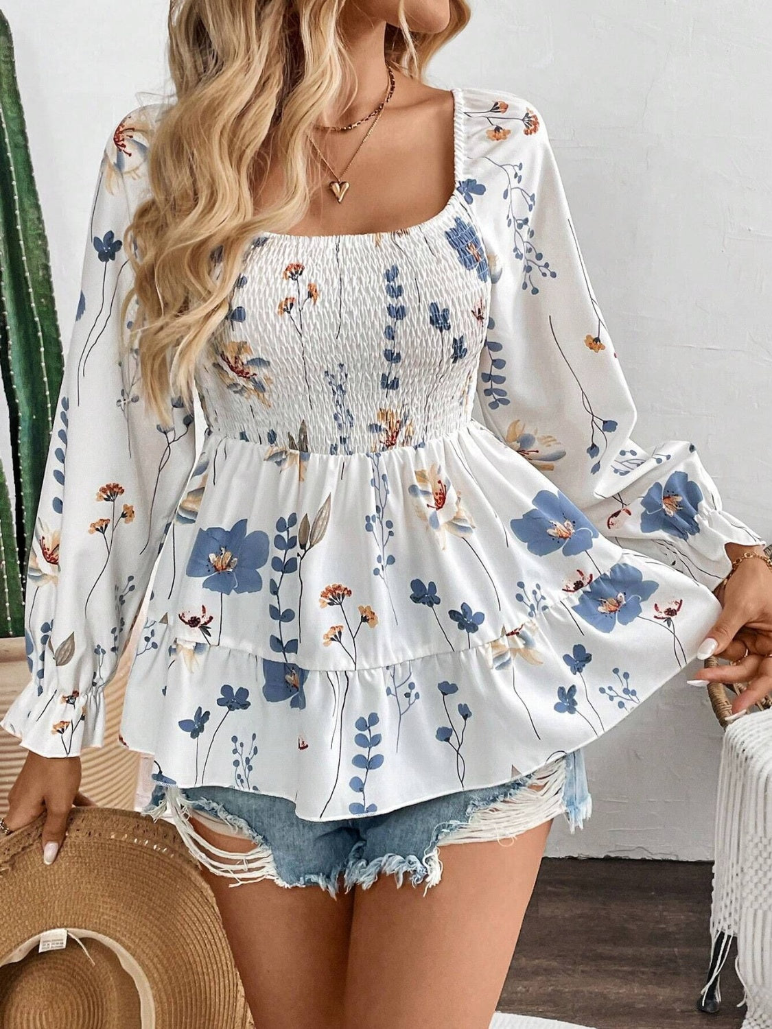 Smocked Floral Scoop Neck Flounce Sleeve Blouse