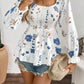 Smocked Floral Scoop Neck Flounce Sleeve Blouse