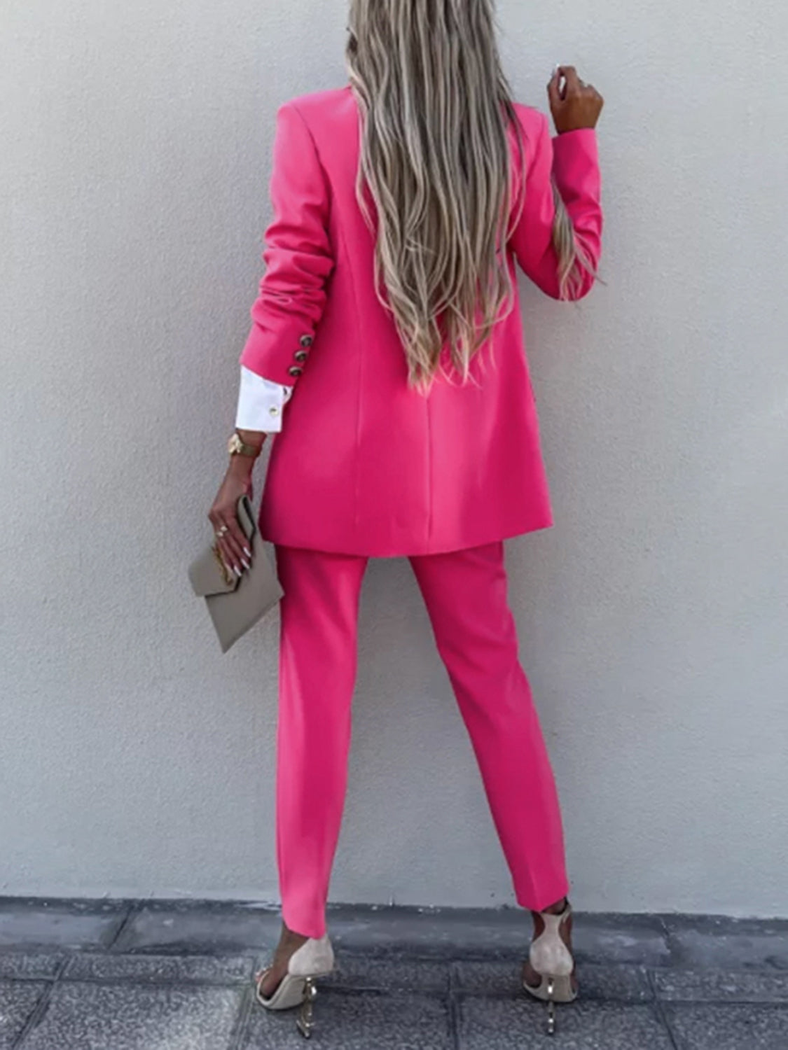 Lapel Collar Long Sleeve Blazer and Pants Set