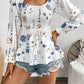 Smocked Floral Scoop Neck Flounce Sleeve Blouse