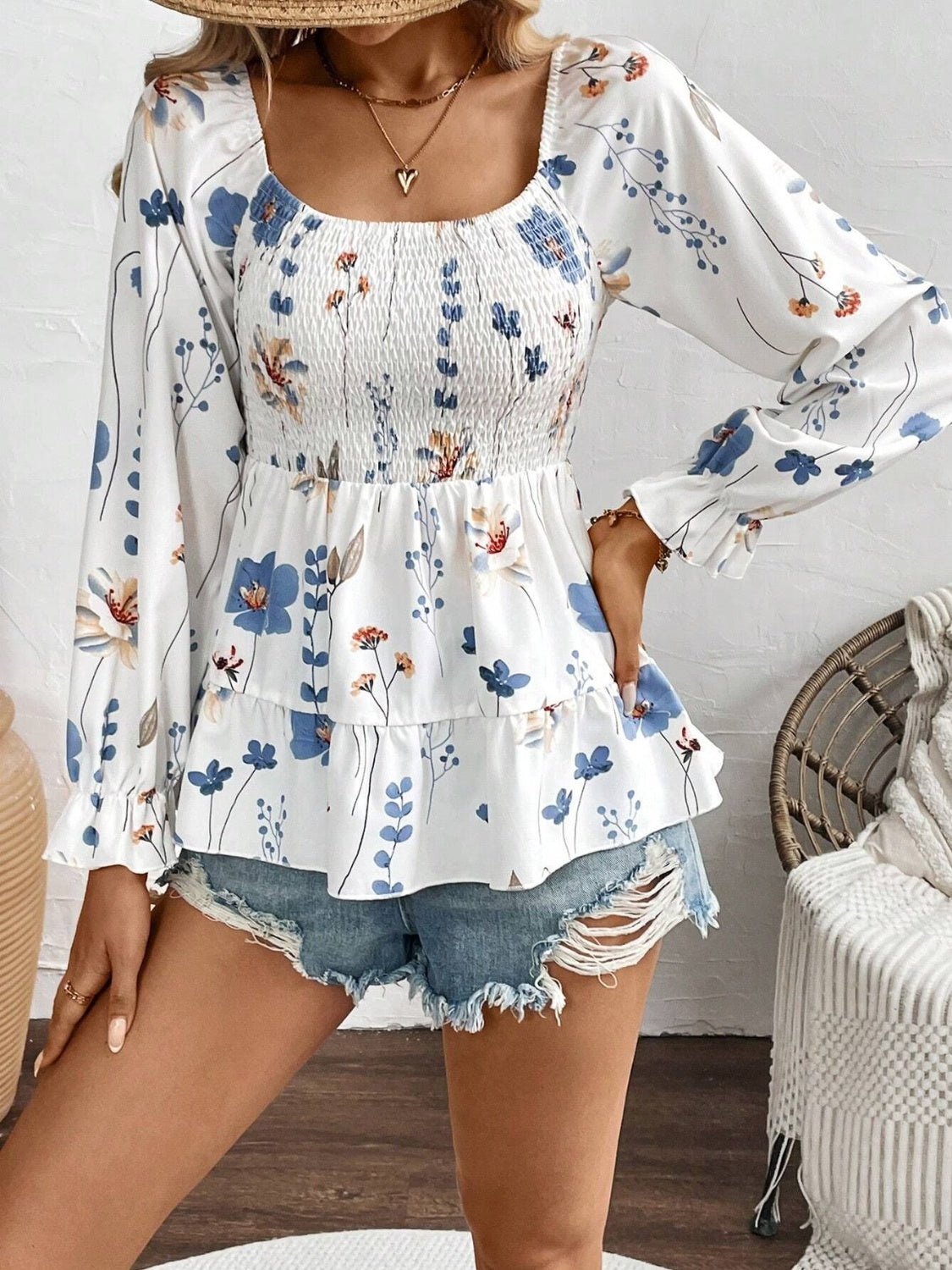 Smocked Floral Scoop Neck Flounce Sleeve Blouse