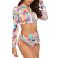 Printed Zip Up Three-Piece Swim Set