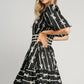 Umgee Ribbon Print Frill Contrast Velvet Trim Half Sleeve Dress