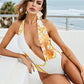 Printed Plunge Halter Neck Swimwear and Cardigan Set