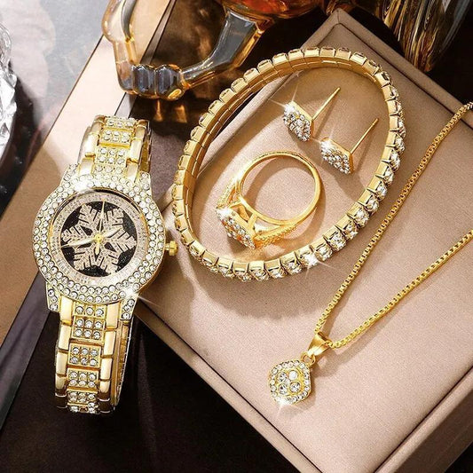 Snowflake Pattern Watch Luxury Full Rhinestone Jewelry Five-piece Set