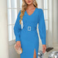 Slit V-Neck Long Sleeve Knee Length Dress