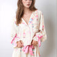 Printed Collared Neck Flounce Sleeve Top and Shorts Lounge Set