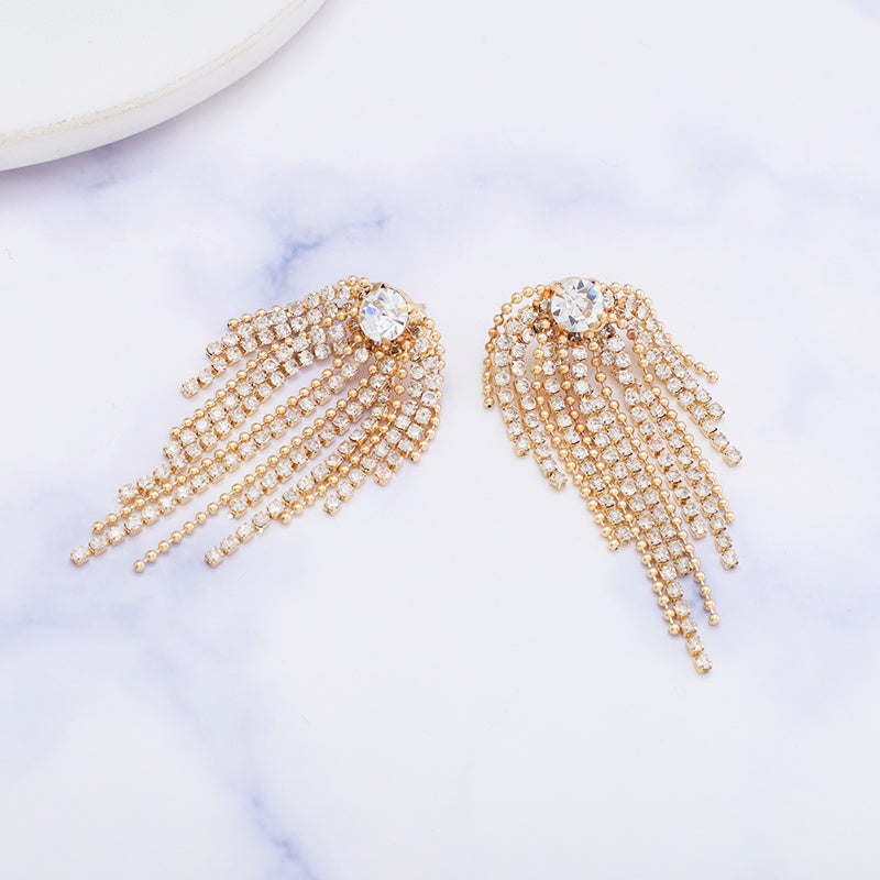 Simple Geometric Alloy Long Tassel Earrings Inlaid Rhinestone Metal Ball Bead Earrings Pendant Party Gift Fashion Jewelry Women