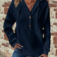 Full Size Texture Button Detail Drawstring Long Sleeve Hoodie