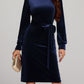 Round Neck Tie Waist Long Sleeve Velvet Dress