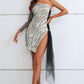 Zebra Print Rhinestone Slit Single Shoulder Dress