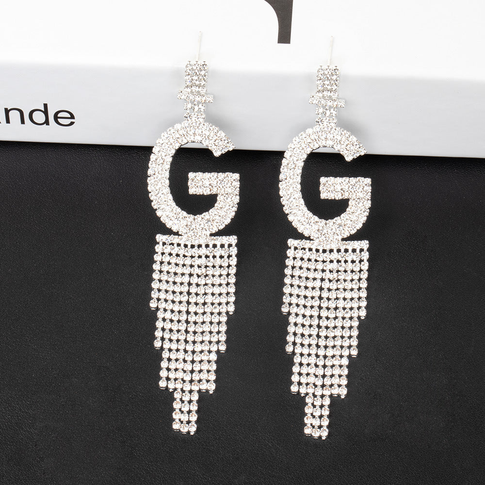 Fashion Jewelry 925 Silver Needle Ornaments Rhinestone Letter B Earrings Banquet Tassel Ear Ornaments Female