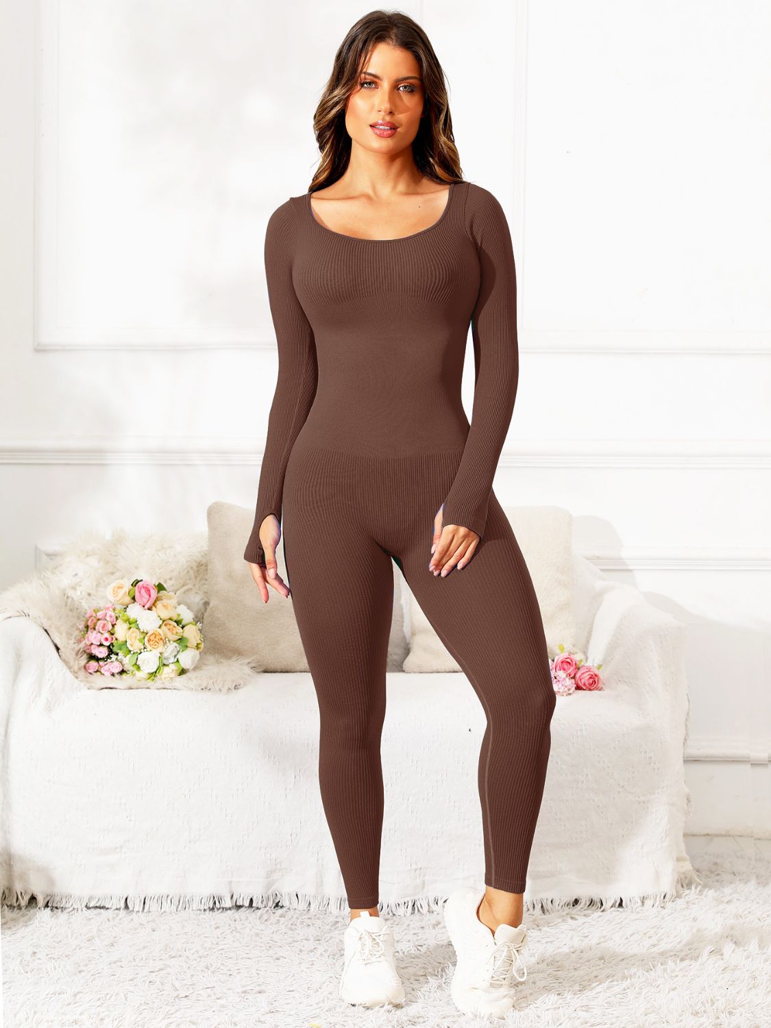 Scoop Neck Long Sleeve Active Jumpsuit