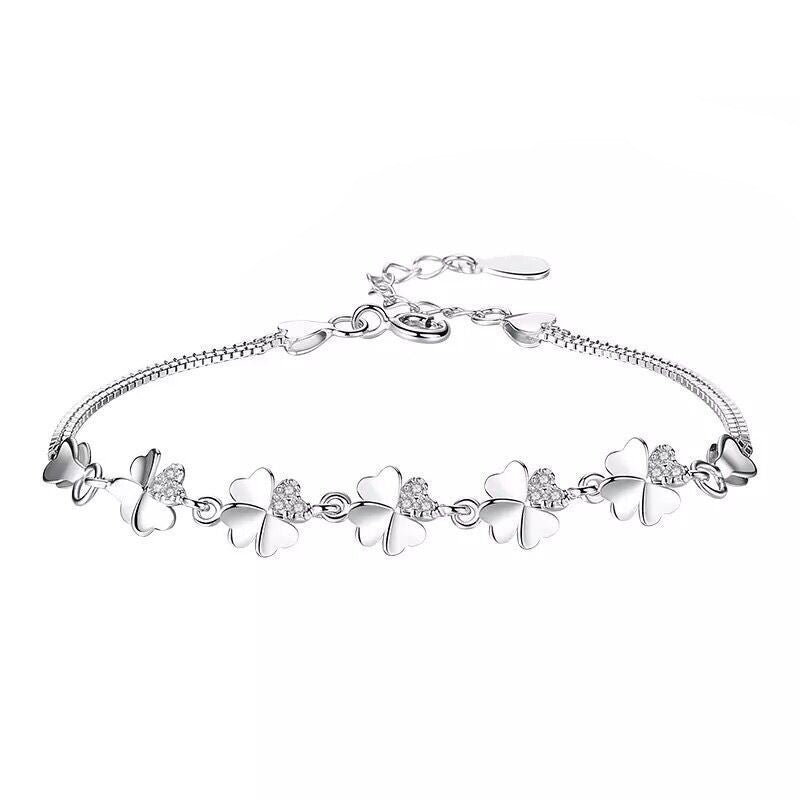 Lucky Four-Leaf Clover Silver Plated Bracelet Micro Rhinestone 925 Jewelry Japanese And Korean Simple Fashion