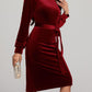 Round Neck Tie Waist Long Sleeve Velvet Dress