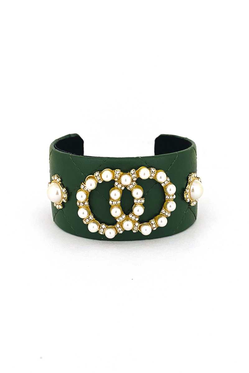 Fashion Pearl Double Round Studded Faux Leather Cuff Bracelet