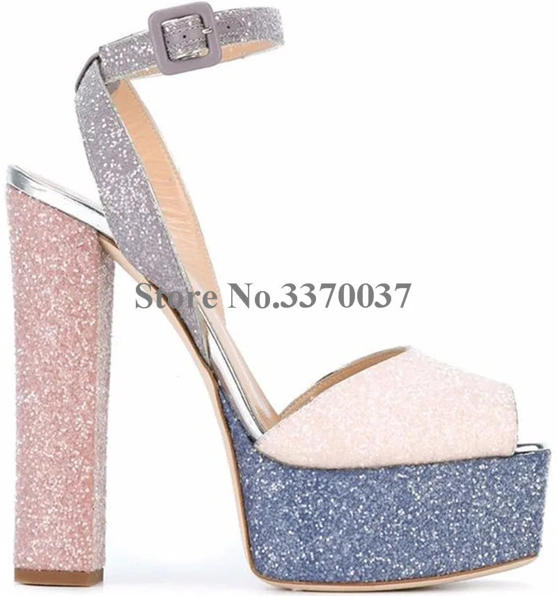 New Fashion Women Open Toe Gold High Platform Chunky Heel Pumps Mirror Patent Leather Ankle Strap High Heels Dress Shoes