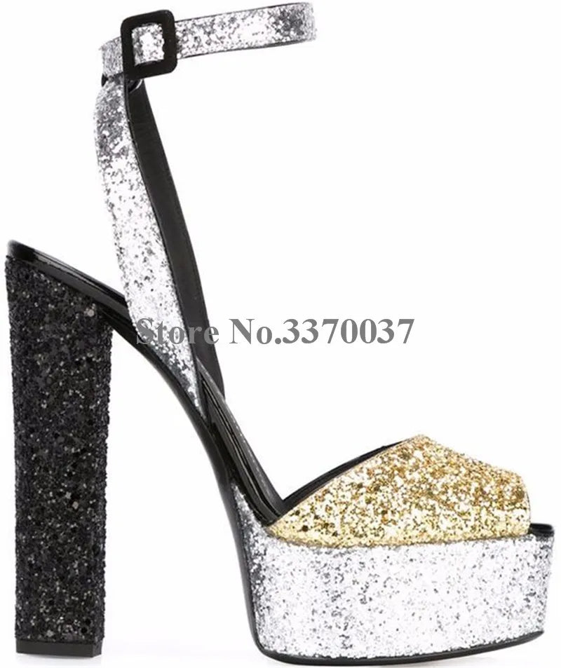 New Fashion Women Open Toe Gold High Platform Chunky Heel Pumps Mirror Patent Leather Ankle Strap High Heels Dress Shoes