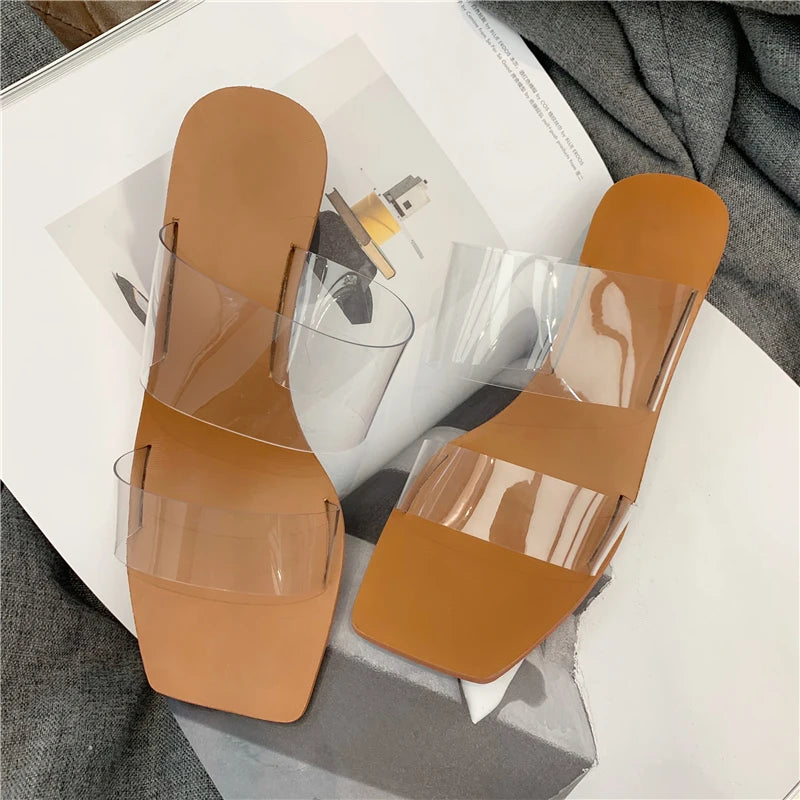 Eilyken Summer PVC Transparent Women Slipper Designer Crystal Heels Beach Sandals Square Toe Slides Shoes Large Size  43