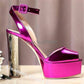 New Fashion Women Open Toe Gold High Platform Chunky Heel Pumps Mirror Patent Leather Ankle Strap High Heels Dress Shoes