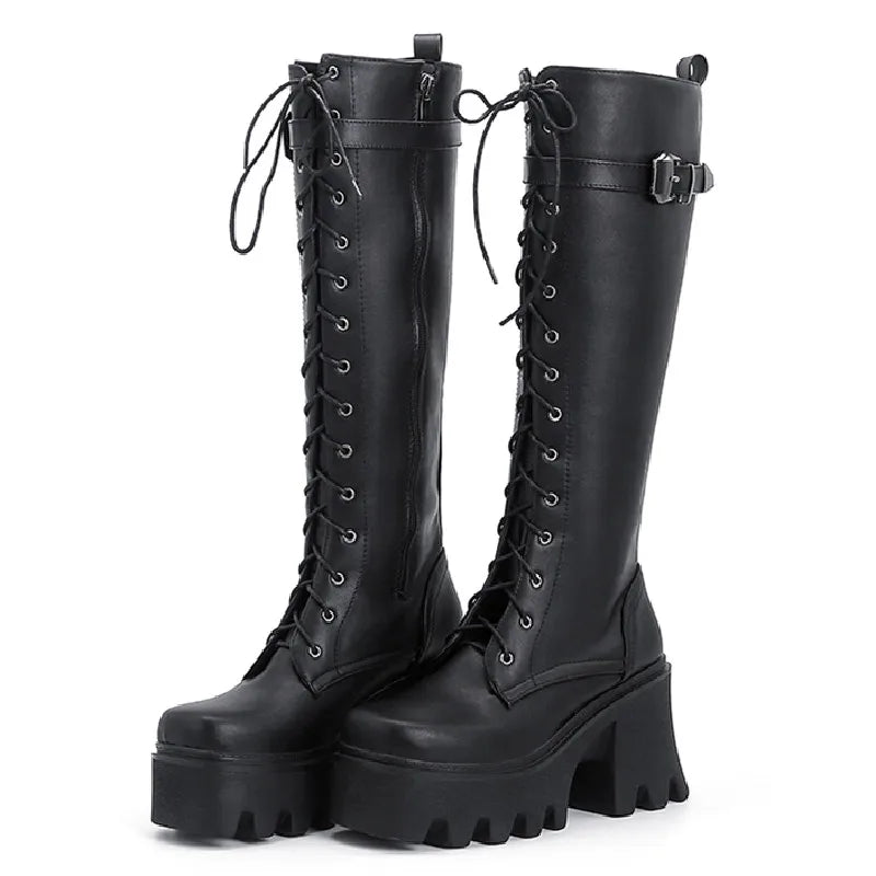 Chunky Knee High Boots Women Platform Goth Punk Heels PU Leather Black Retro Long Winter Shoes Female Lace Up Rain Boot