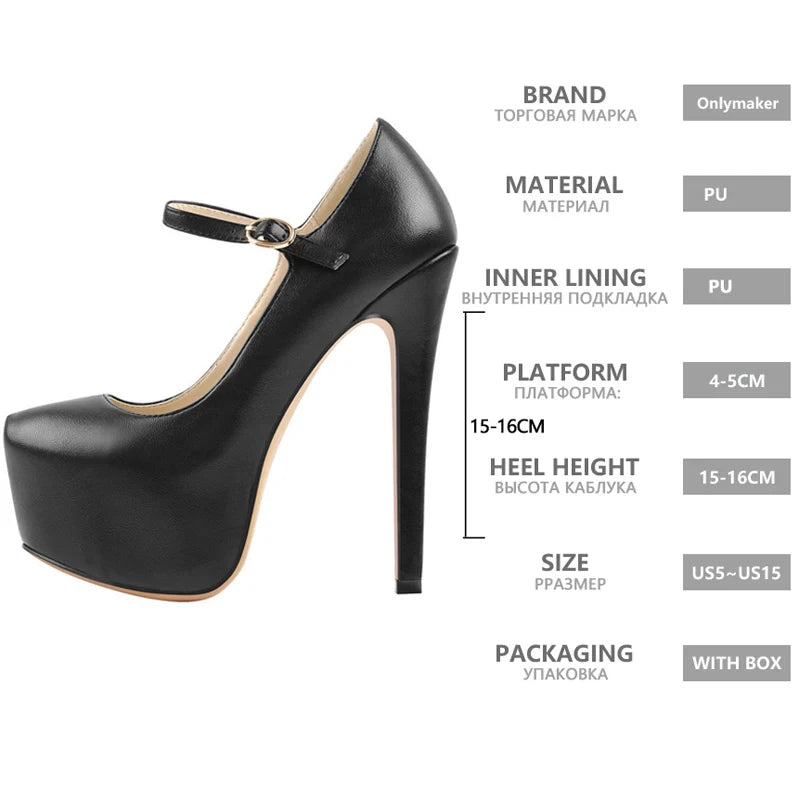 Onlymaker Women Mary Jane Platform Pumps Ankle Strap Stiletto Super High Heels Dress Buckle Shoes Large Size Female Heels