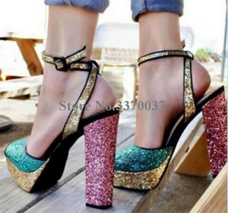 New Fashion Women Open Toe Gold High Platform Chunky Heel Pumps Mirror Patent Leather Ankle Strap High Heels Dress Shoes