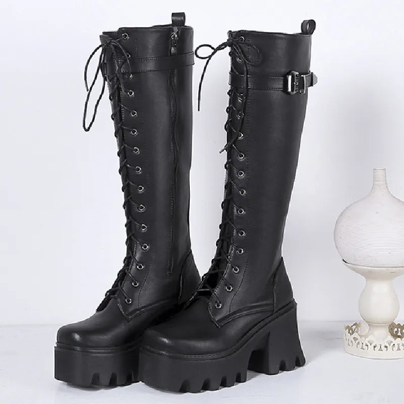 Chunky Knee High Boots Women Platform Goth Punk Heels PU Leather Black Retro Long Winter Shoes Female Lace Up Rain Boot