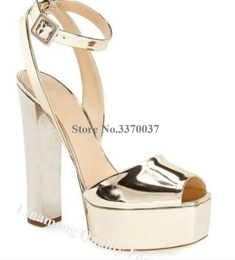 New Fashion Women Open Toe Gold High Platform Chunky Heel Pumps Mirror Patent Leather Ankle Strap High Heels Dress Shoes