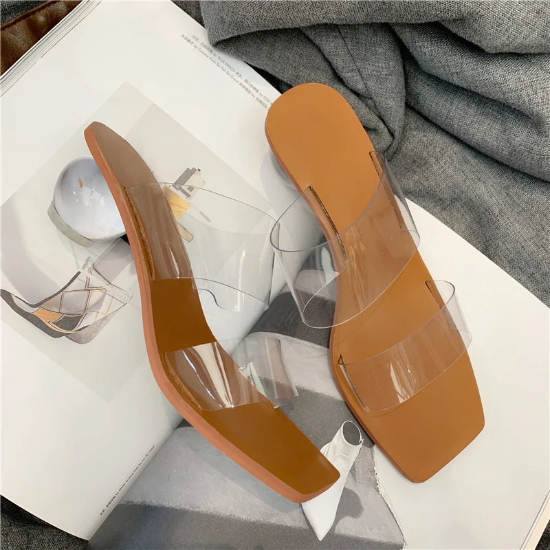 Eilyken Summer PVC Transparent Women Slipper Designer Crystal Heels Beach Sandals Square Toe Slides Shoes Large Size  43