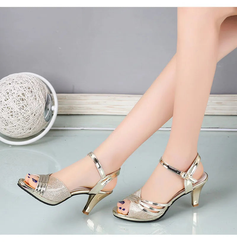 Summer High Heels Sandals Women Heeled Shoes Peep toe Fashion Brand Women Sandals Casual Lady Heels 6cm Gold Silver YX3422