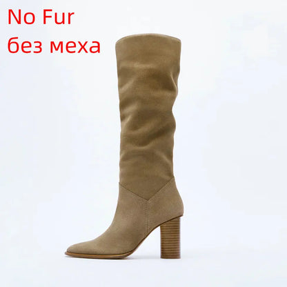 QUTAA  Fashion Women Winter Genuine Leather Knee High Boots Lady Pointed Toe High Heels Party Shoes INS Woman Long Boots 34-43