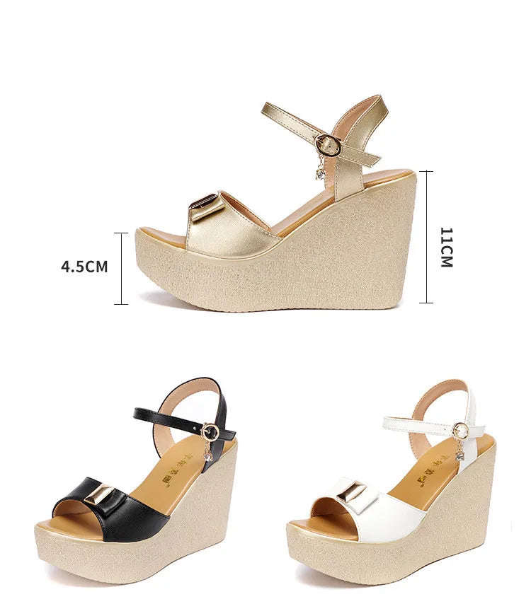 2024 New Open Head Platform Sandals Women Shoes 2024 Bow High Heels Wedges Sandals Ladies Elegant Office Sandals Gold