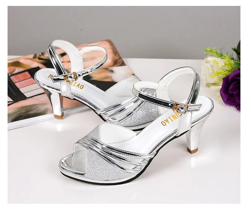 Summer High Heels Sandals Women Heeled Shoes Peep toe Fashion Brand Women Sandals Casual Lady Heels 6cm Gold Silver YX3422