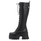 Chunky Knee High Boots Women Platform Goth Punk Heels PU Leather Black Retro Long Winter Shoes Female Lace Up Rain Boot