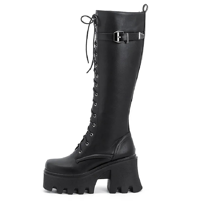 Chunky Knee High Boots Women Platform Goth Punk Heels PU Leather Black Retro Long Winter Shoes Female Lace Up Rain Boot