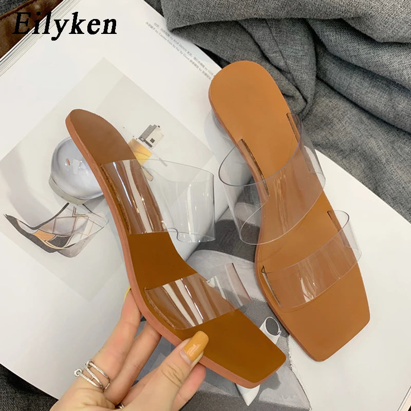 Eilyken Summer PVC Transparent Women Slipper Designer Crystal Heels Beach Sandals Square Toe Slides Shoes Large Size  43