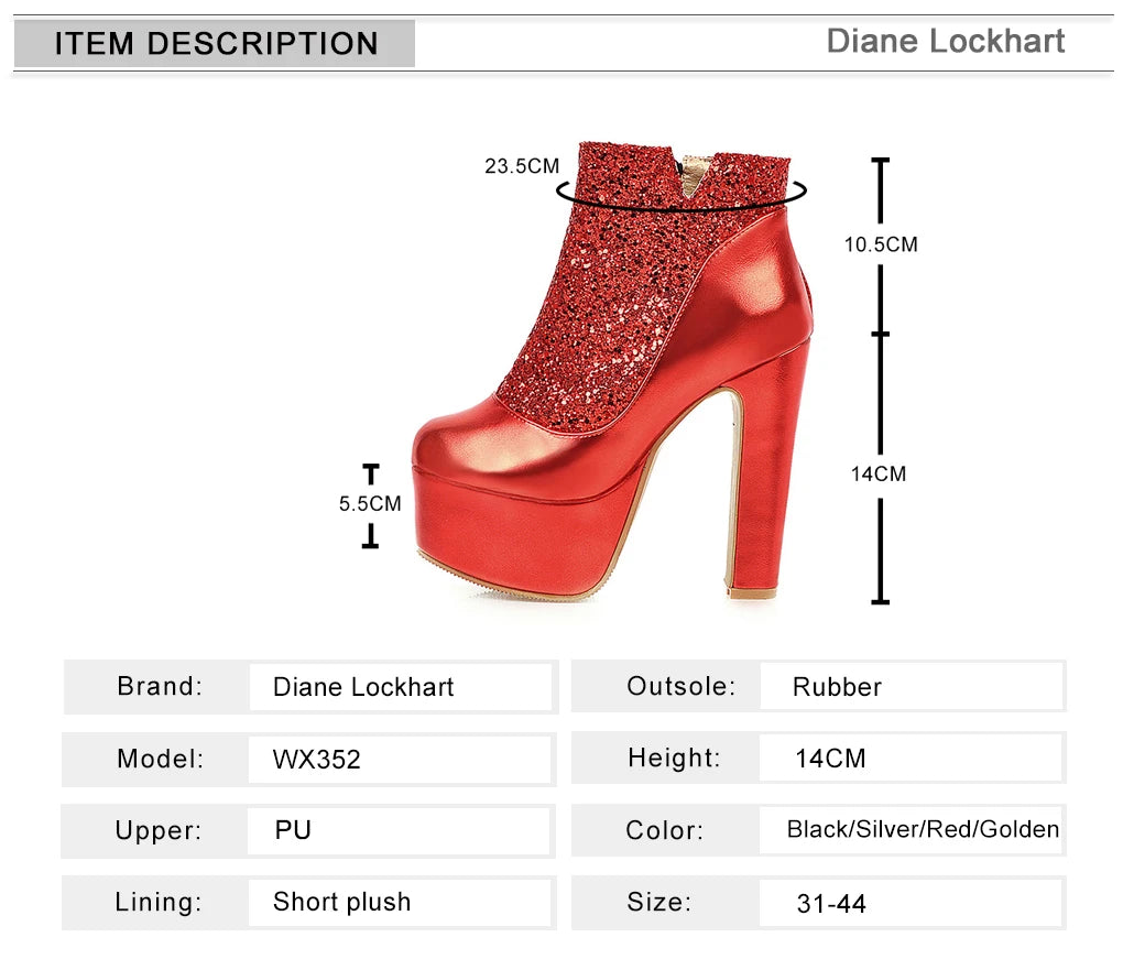 Fashion Ankle Boots For Women Thick Heels Spring Autumn Bling Round Toe Platform Shoes Golden Zipper Ladies Party Boot Mujer