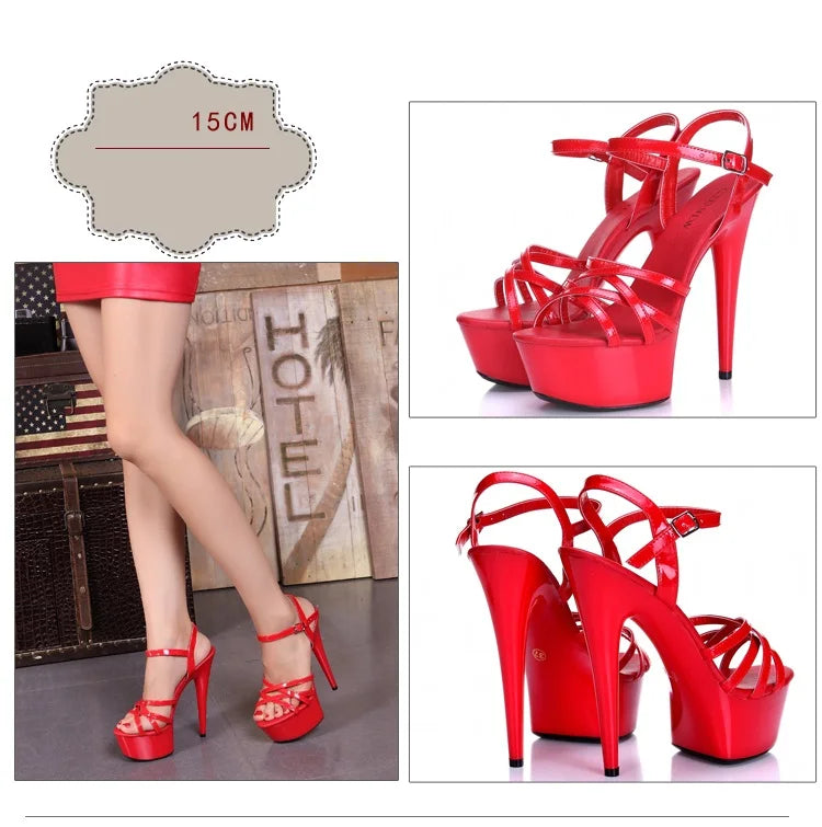 Hot! Women Summer Sandals Patent Leather Platform Sandals High-heeled Shoes 15cm  Fashion Shows Thin Heels Plus-size pumps 34-44