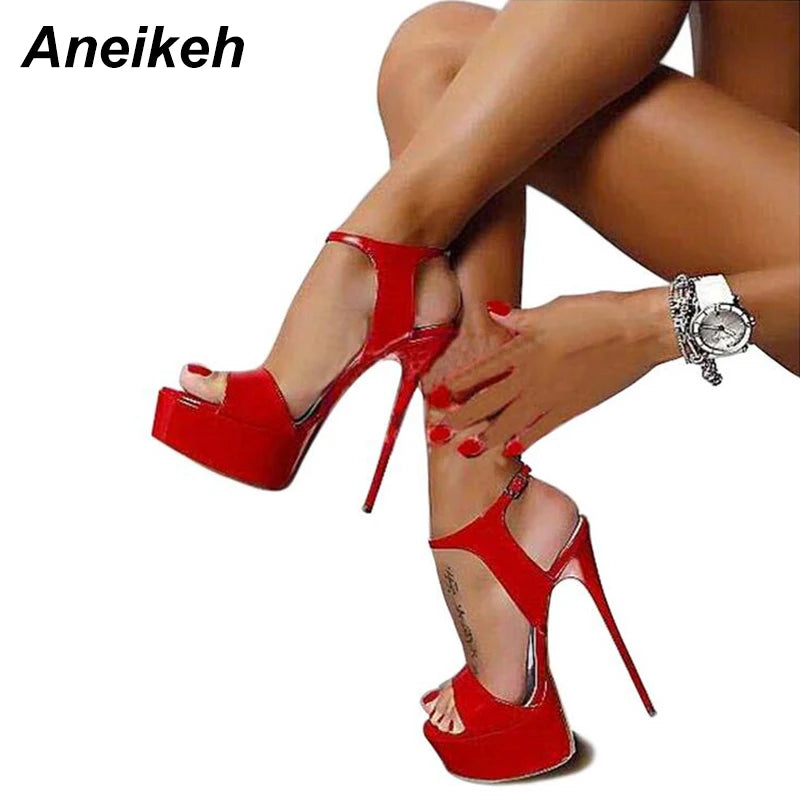 Aneikeh Hot Sales 2024 Summer Style Sexy 16cm Women Sandals High Heels Open Toe Buckles Nightclub Party Shoe Black Big Size 15