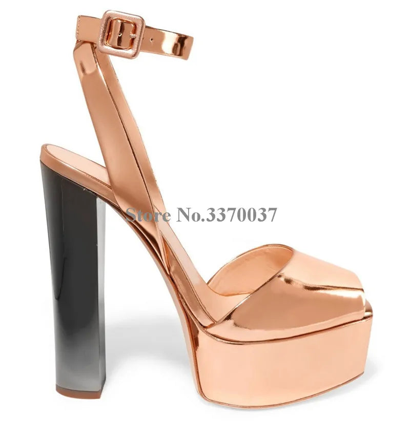 New Fashion Women Open Toe Gold High Platform Chunky Heel Pumps Mirror Patent Leather Ankle Strap High Heels Dress Shoes