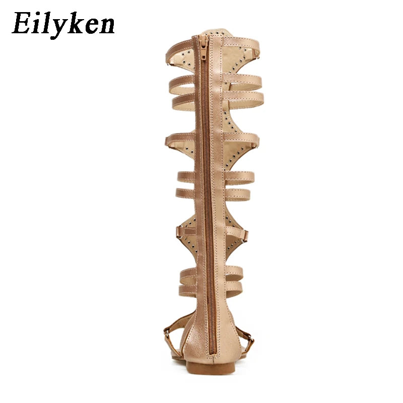 Eilyken 2024 New Golden Gladiator Roman Women Boots Sandals PU Leather Open Toe Knee High Rivet Leisure Flat Shoes